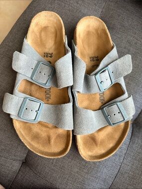 Birkenstock Two-Strap Suede Sandals in Light Blue